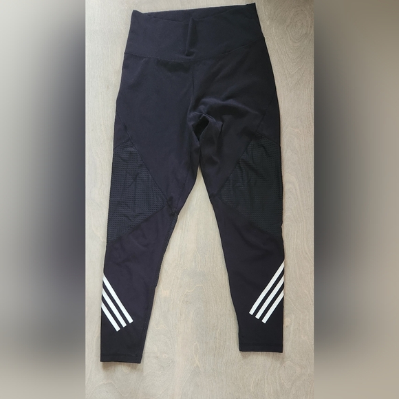 Adidas Sm Black Performance Leggings with White Accents Soft Athleisure - Picture 2 of 8